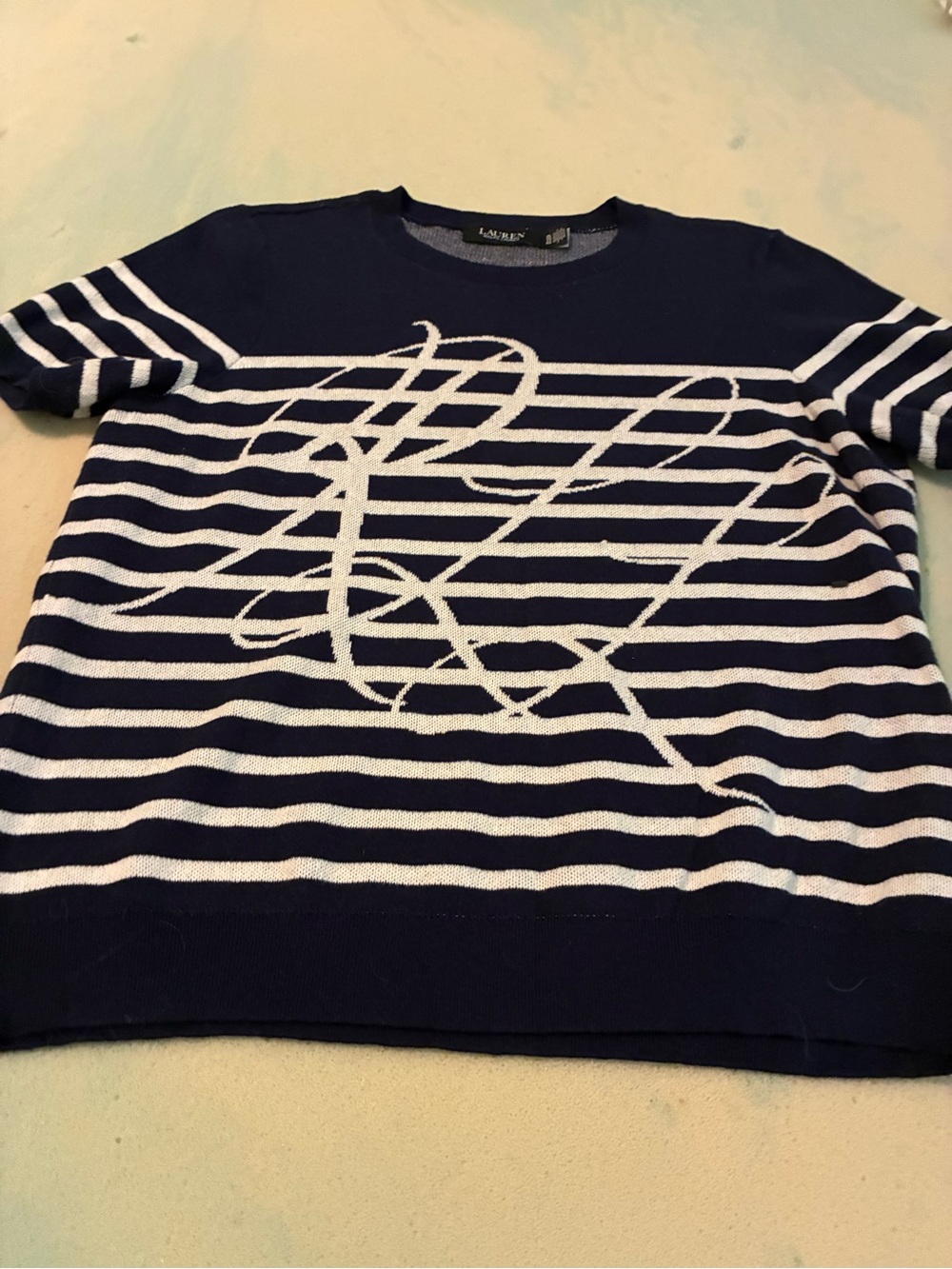 Ralph Lauren Navy & White Striped Logo Knit Top